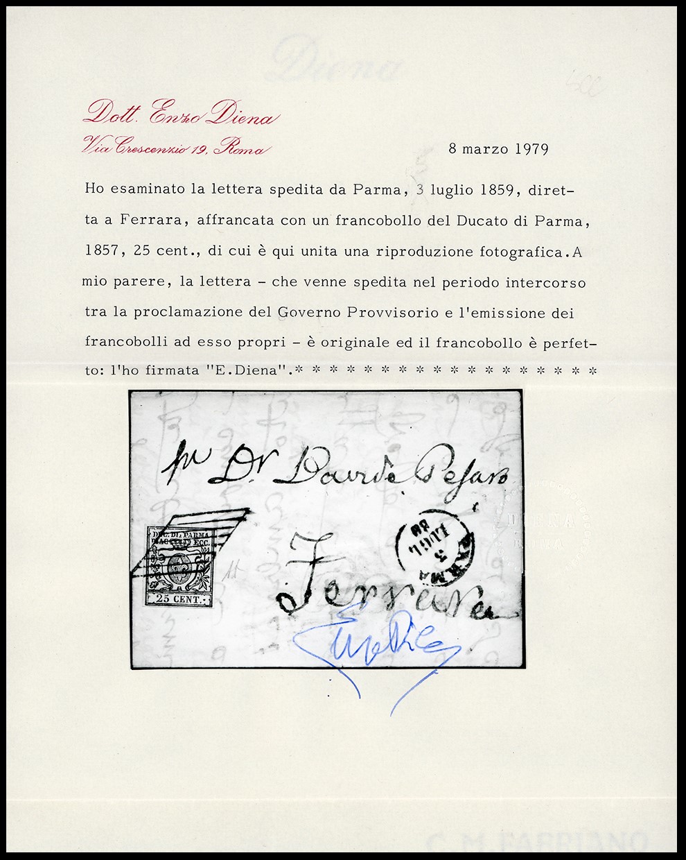 Romagne - Governo Provvisorio Incoming Mail Parma Governo Provvisorio 1859 - 25 Cent. Bruno Lilla...