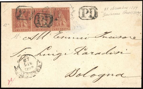 ROMAGNE - GOVERNO PROVVISORIO INCOMING MAIL TOSCANA GOVERNO PROVVISORIO 1859 - 1 crazia carminio chiaro, II emissione (12), striscia orizzontale di tre, un esemplare con margini sfiorati