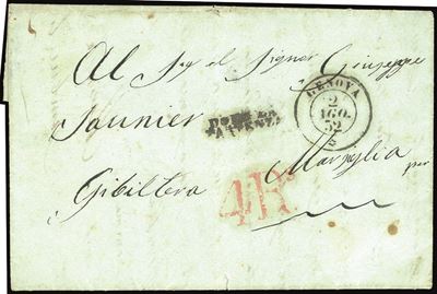 Sardegna 1852 - Lettera Non Affrancata da Genova 2/8/1852 a Gibilterra, Via Marsiglia, Tassata in...