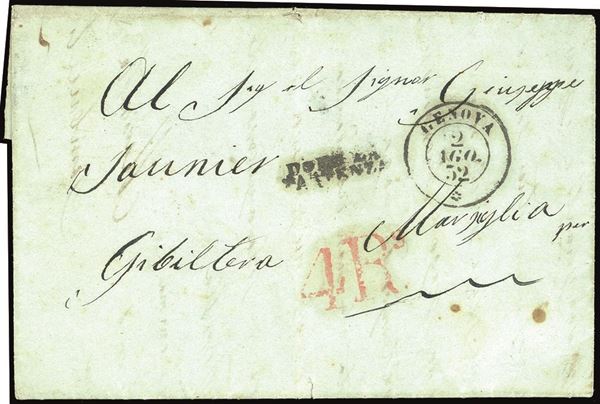 SARDEGNA 1852 - Lettera non affrancata da Genova 2/8/1852 a Gibilterra, via Marsiglia, tassata in arrivo 4 reis.