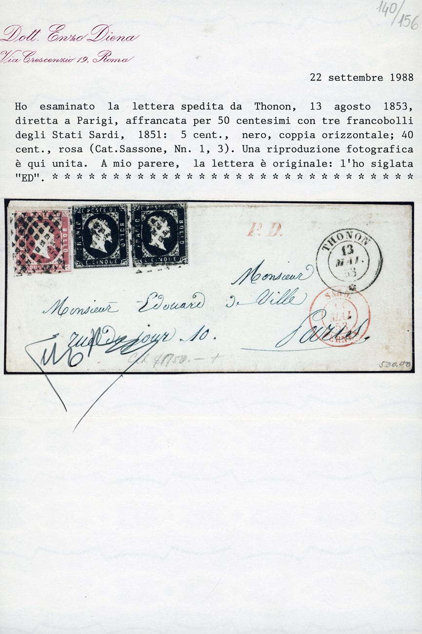 Sardegna 1853 - 40 Cent. Rosa, 5 Cent. Nero, Coppia Orizzontale (3,1)
