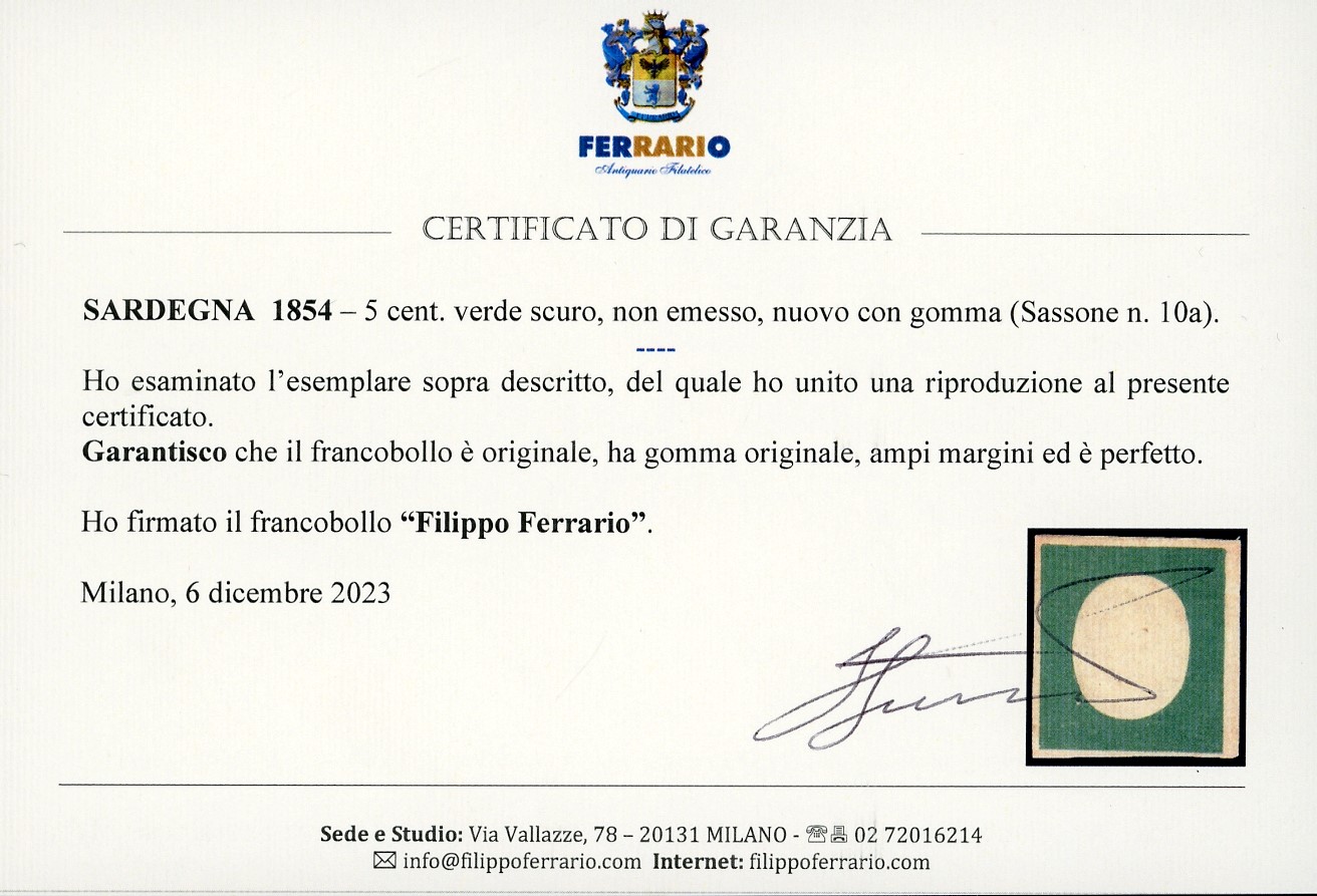 Sardegna 1854 - 5 Cent. Verde Scuro, Non Emesso (10a)