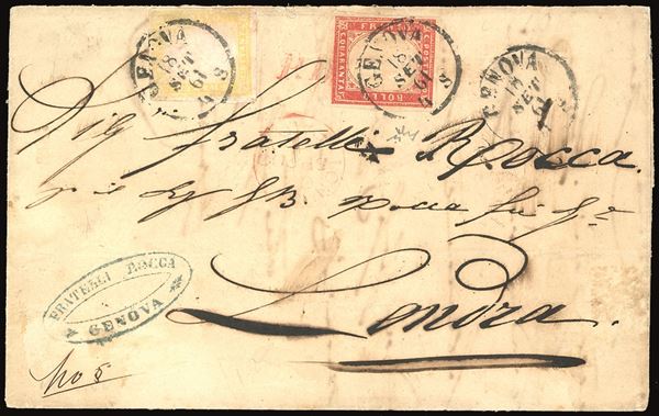 SARDEGNA 1861 - 80 cent. giallo limone olivastro, piccolo difetto nel margine destro, 40 cent. rosso vermiglio, perfetto (17Ab,16Da)