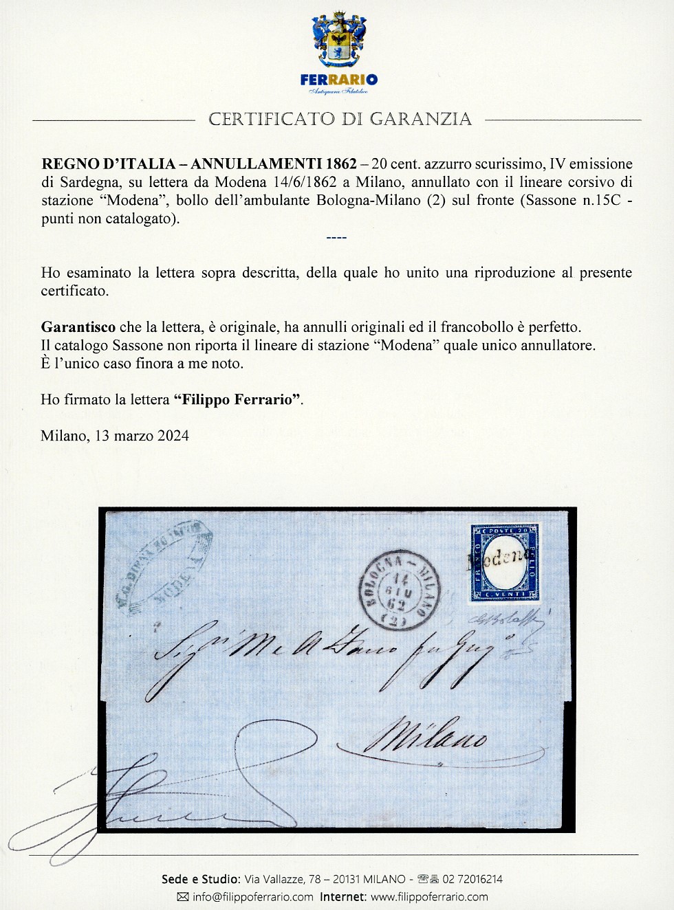 Sardegna - Ambulanti Bologna-milano (2) + Lineare Modena Unico Annullatore - 20 Cent. IV Emission...