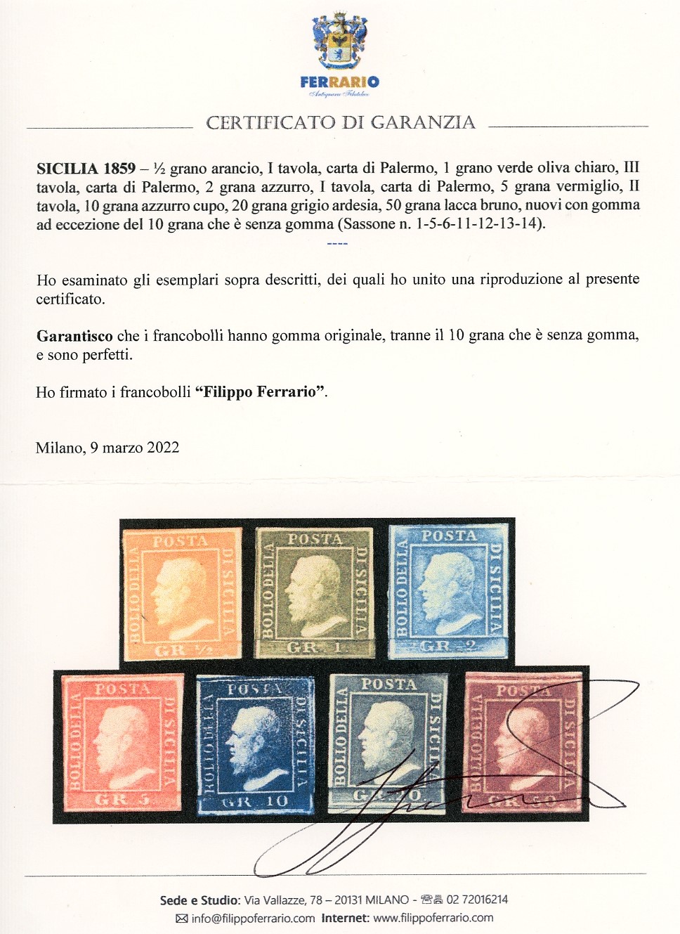 Sicilia 1859 - L'emissione Completa di 7 Valori nelle Tavole Più Comuni (1,5,6,11,12,13,14)