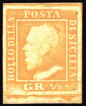 SICILIA 1859 - 1/2 grano arancio, I tavola, carta di Palermo, ritocco pos. 99 (1)
