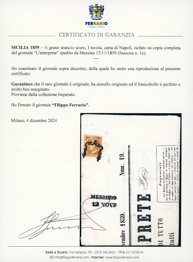 Sicilia 1859 - 1/2 Grano Arancio Scuro, i Tavola, Carta di Napoli (1e)