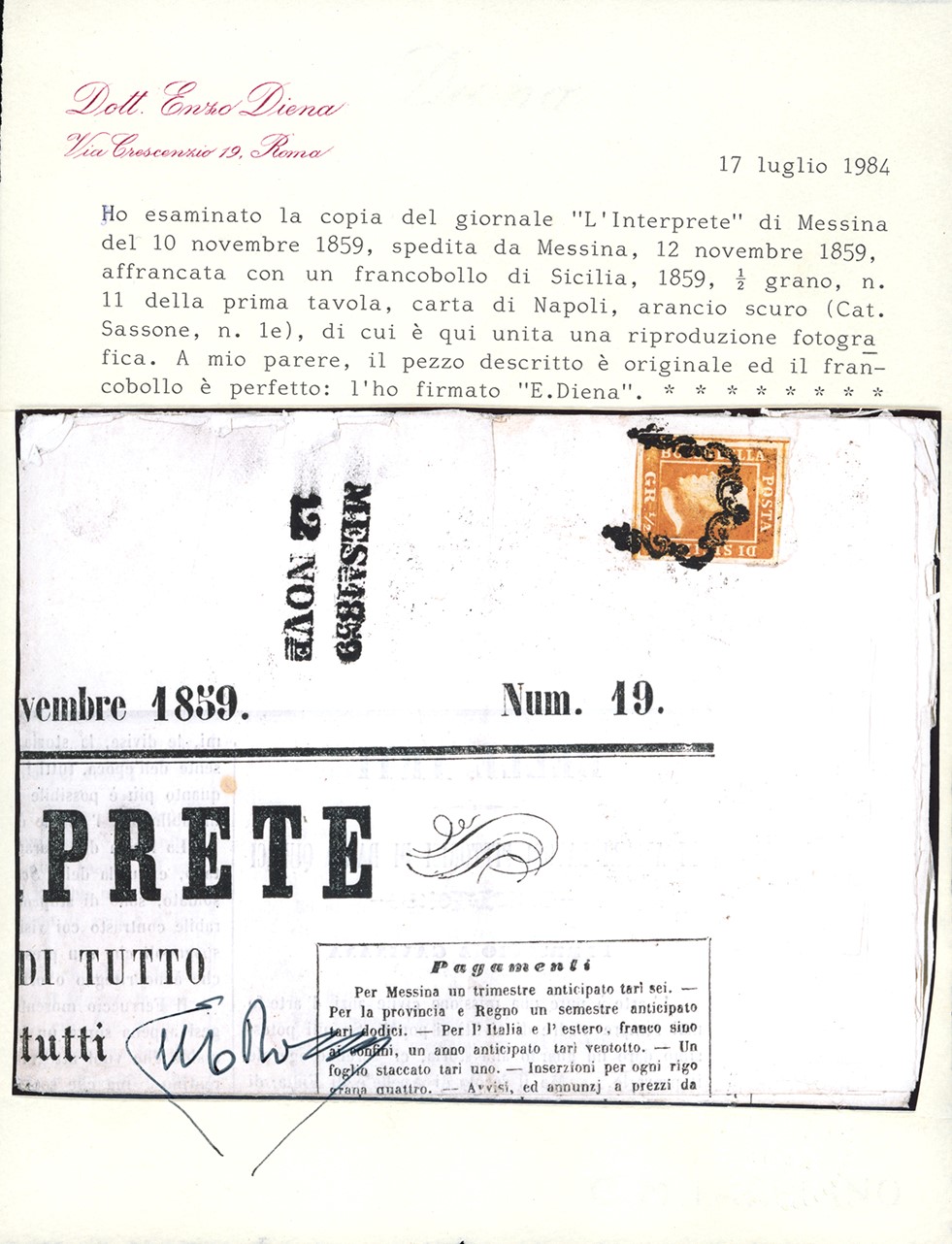 Sicilia 1859 - 1/2 Grano Arancio Scuro, i Tavola, Carta di Napoli (1e)