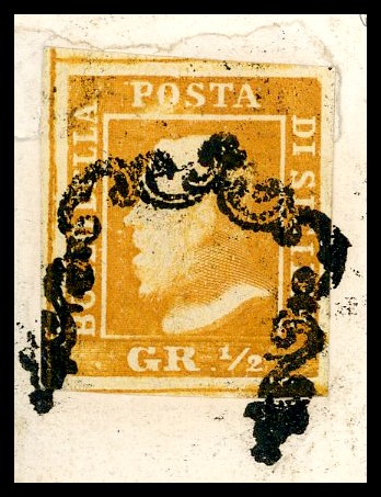 Sicilia 1859 - 1/2 Grano Arancio Scuro, i Tavola, Carta di Napoli (1e)