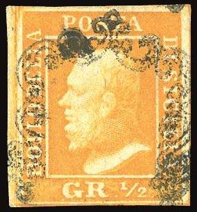 SICILIA 1859 - 1/2 grano arancio, II tavola, carta di Napoli (2a)