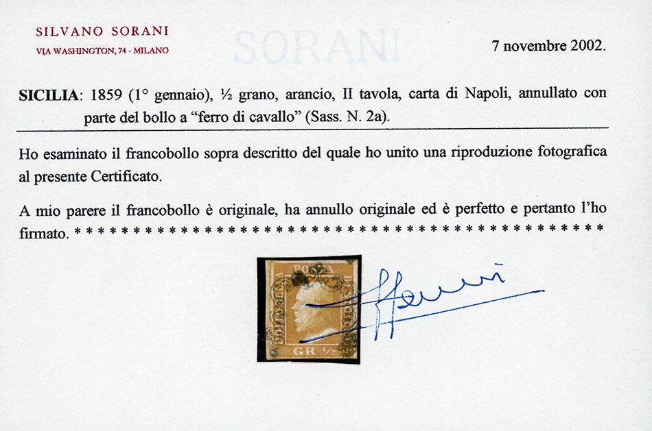 Sicilia 1859 - 1/2 Grano Arancio, II Tavola, Carta di Napoli (2a)