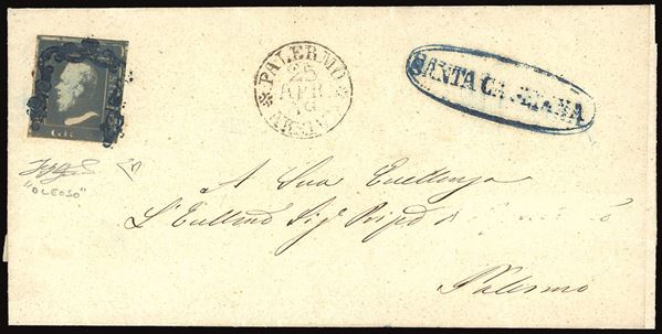 SICILIA 1859 - 2 grana azzurro oltremare, carta di Napoli, I tavola, pos. 51, stampa fortemente oleosa (6d)