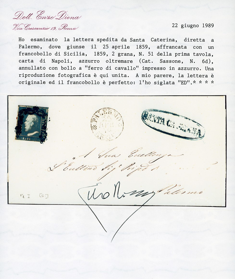 Sicilia 1859 - 2 Grana Azzurro Oltremare, Carta di Napoli, i Tavola, Pos. 51, Stampa Fortemente O...