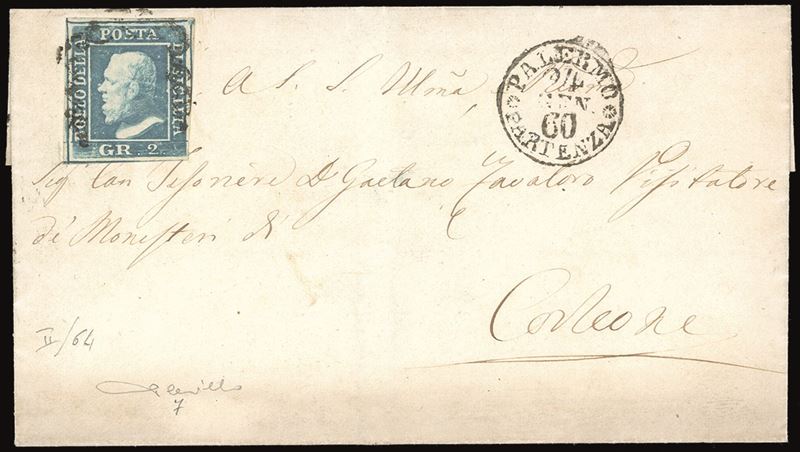 SICILIA 1860 - 2 grana azzurro, II tavola, carta di Palermo, pos. 64 (7)  - Auction Philately - Cambi Casa d'Aste