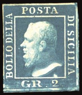 SICILIA 1859 - 2 grana cobalto, II tavola, carta di Napoli, pos. 44 (7b)