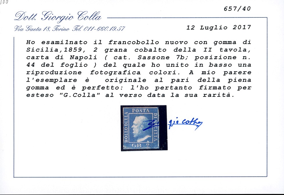 Sicilia 1859 - 2 Grana Cobalto, II Tavola, Carta di Napoli, Pos. 44 (7b)