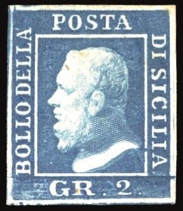 SICILIA 1859 - 2 grana azzurro vivo, III tavola, carta di Napoli (8c)