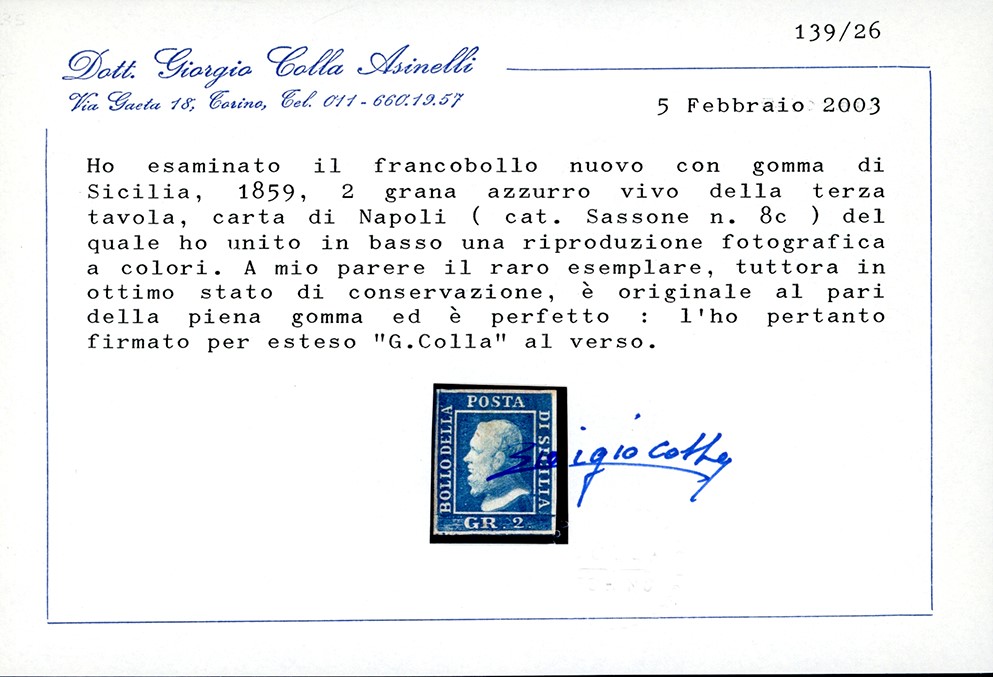 Sicilia 1859 - 2 Grana Azzurro Vivo, III Tavola, Carta di Napoli (8c)