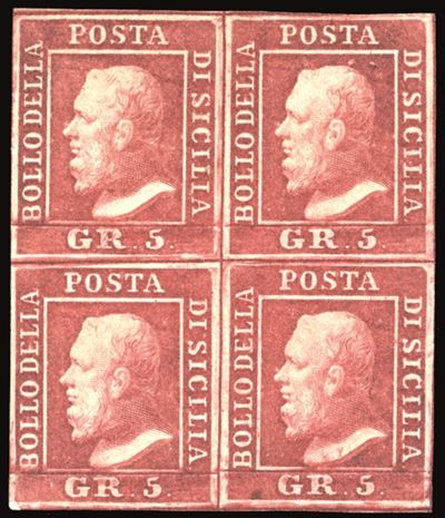 Sicilia 1859 - 5 Grana Carminio, i Tavola (9a), Blocco di Quattro