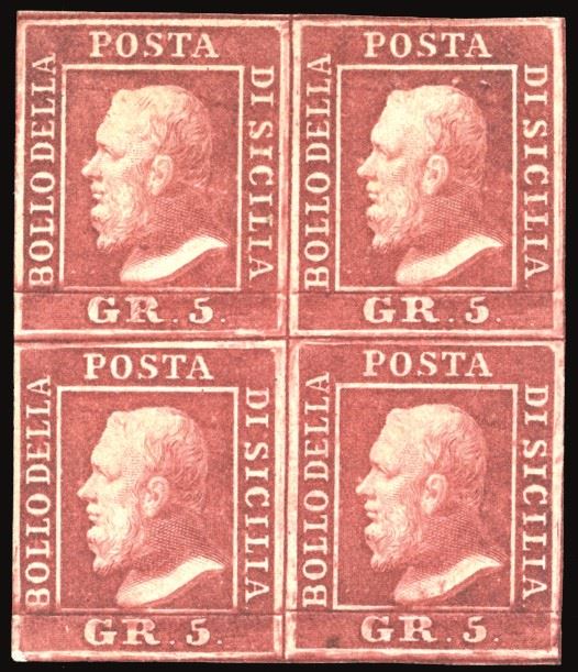 SICILIA 1859 - 5 grana carminio, I tavola (9a), blocco di quattro