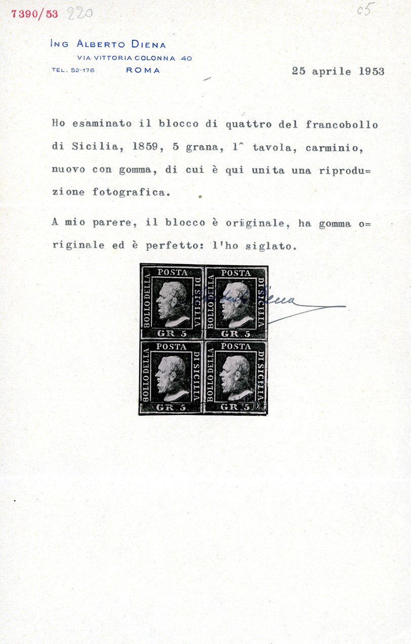 Sicilia 1859 - 5 Grana Carminio, i Tavola (9a), Blocco di Quattro