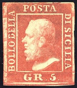 SICILIA 1859 - 5 grana rosso brunastro, I tavola, posiz. 51 (9d)