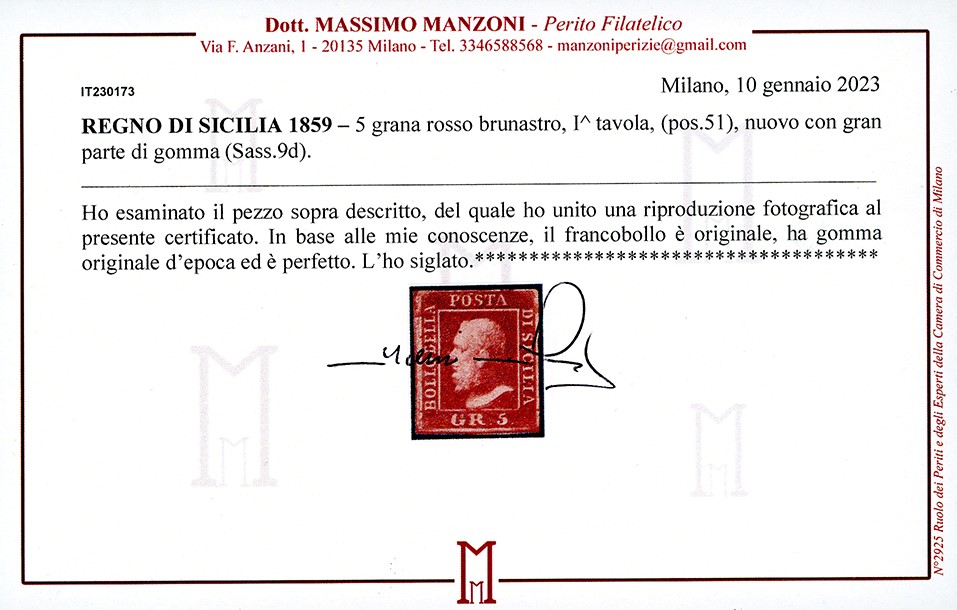 Sicilia 1859 - 5 Grana Rosso Brunastro, i Tavola, Posiz. 51 (9d)