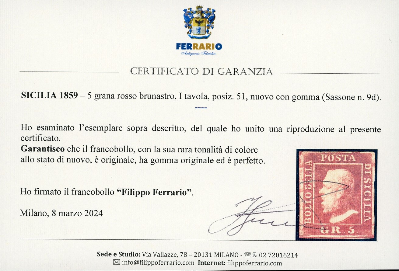 Sicilia 1859 - 5 Grana Rosso Brunastro, i Tavola, Posiz. 51 (9d)