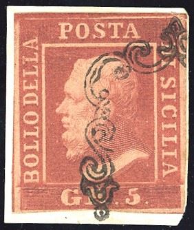 SICILIA 1859 - 5 grana rosso brunastro, I tavola (9d)