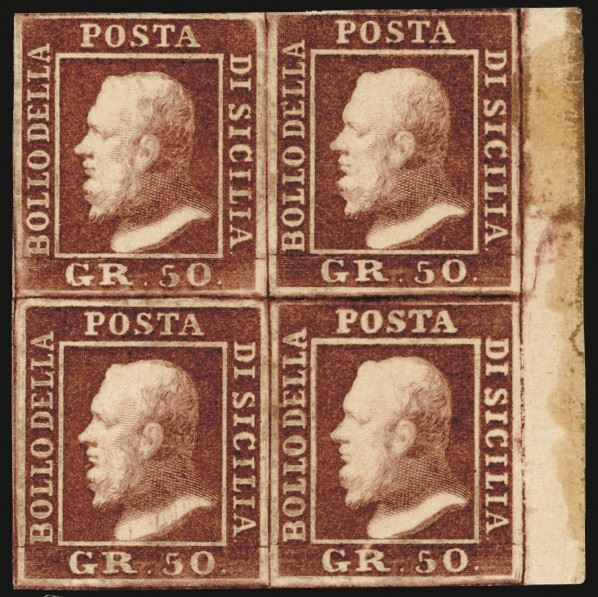 SICILIA 1859 - 50 grana lacca bruno (14), blocco di quattro,pos. 59-60, 69-70