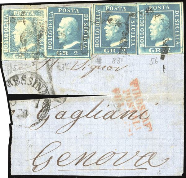 SICILIA ASSEDIO DI MESSINA 1859 - 2 grana cobalto, tre esemplari pos. 37, 56 e ritocco 83, 2 grana azzurro, stampa secca, tutti II tavola (7b,7)