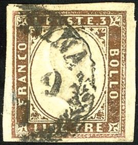 SICILIA ANNULLAMENTI MESSINA, cerchio con ornato di palme - 3 lire rame scuro, IV emissione di Sardegna (18Aa)