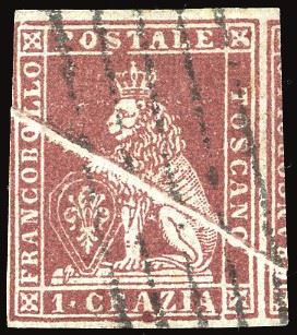 TOSCANA PLI D'ACCORDEON - COLLEZIONE DUCCIO 1851 - 1 crazia carminio su grigio (4d), evidente pli d'accordeon diagonale