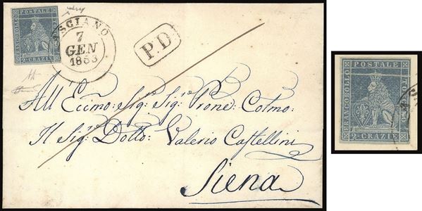 TOSCANA PLI D'ACCORDEON - COLLEZIONE DUCCIO 1853 - 2 crazie azzurro chiaro su grigio (5), evidente pli d'accordeon orizzontale