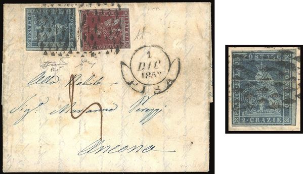 TOSCANA PLI D'ACCORDEON - COLLEZIONE DUCCIO 1852 - 2 crazie azzurro grigio, pli d'accordeon orizzontale e linea di riquadro verticale a destra, 1 crazia carminio cupo, entrambi su carta azzurra (5a,4a)