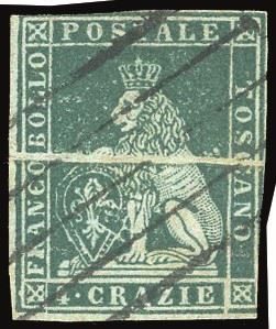 TOSCANA PLI D'ACCORDEON - COLLEZIONE DUCCIO 1851 - 4 crazie verde azzurro su grigio (6c), ben evidente pli d'accordeon orizzontale