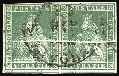 Toscana Pli D'accordeon - Collezione Duccio 1851 - 4 Crazie Verde Giallo Scuro su Grigio (6d)