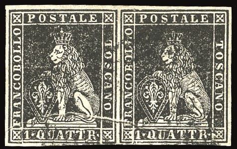 TOSCANA PLI D'ACCORDEON - COLLEZIONE DUCCIO 1857 - 1 quattrino nero, II emissione (10), coppia orizzontale, pli d'accordeon che interessa entrambi gli esemplari  - Asta Filatelia - Cambi Casa d'Aste