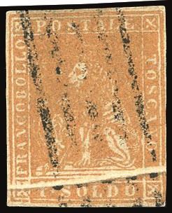 TOSCANA PLI D'ACCORDEON - COLLEZIONE DUCCIO 1857 - 1 soldo ocra, II emissione (11), evidente pli d'accordeon orizzontale in basso