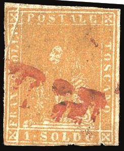 TOSCANA PLI D'ACCORDEON - COLLEZIONE DUCCIO 1857 - 1 soldo ocra, II emissione (11), piccolo pli d'accordeon nell'angolo superiore sinistro