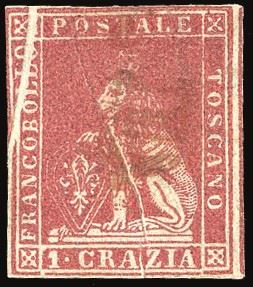 TOSCANA PLI D'ACCORDEON - COLLEZIONE DUCCIO 1857 - 1 crazia carminio, II emissione (12), evidente pli d'accordeon nell'angolo superiore sinistro  - Asta Filatelia - Cambi Casa d'Aste