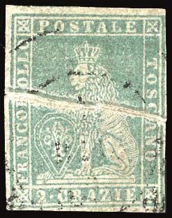 TOSCANA PLI D'ACCORDEON - COLLEZIONE DUCCIO 1857 - 2 crazie azzurro grigio verdastro, II emissione (13a), pli d'accordeon orizzontale molto evidente  - Asta Filatelia - Cambi Casa d'Aste