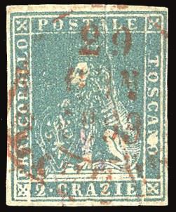 TOSCANA PLI D'ACCORDEON - COLLEZIONE DUCCIO 1857 - 2 crazie azzurro, II emissione (13), pli d' accordeon verticale e bella macchia bianca tra le lettere "N" e "O" di "TOSCANO"  - Auction Philately - Cambi Casa d'Aste