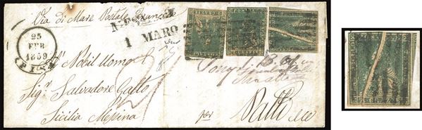 TOSCANA PLI D'ACCORDEON - COLLEZIONE DUCCIO 1859 - 2 crazie verde grigio giallastro, II emissione  (13b), tre esemplari, uno dei quali con eccezionale pli d'accordeon