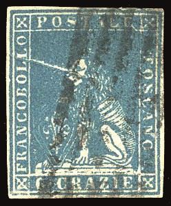 TOSCANA PLI D'ACCORDEON - COLLEZIONE DUCCIO 1857 - 6 crazie azzurro chiaro, II emissione (15), pli d'accordeon  - Asta Filatelia - Cambi Casa d'Aste