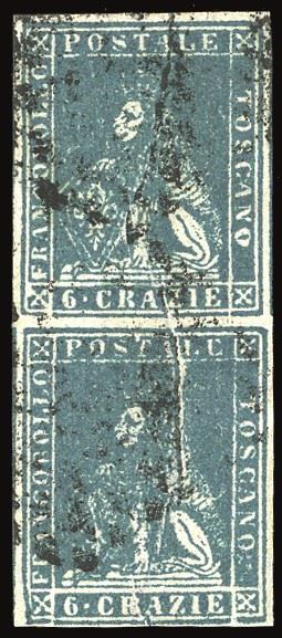 TOSCANA PLI D'ACCORDEON - COLLEZIONE DUCCIO 1857 - 6 crazie azzurro chiaro, II emisssione  (15), coppia verticale, pli d'accordeon verticale che interessa entrambi gli esemplari ed uno più piccolo su quello inferiore  - Auction Philately - Cambi Casa d'Aste
