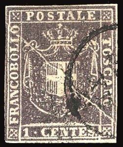 TOSCANA PLI D'ACCORDEON - COLLEZIONE DUCCIO 1860 - 1 cent. violetto bruno (17), pli d'accordeon diagonale che attraversa tutto il francobollo