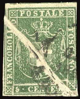 TOSCANA PLI D'ACCORDEON - COLLEZIONE DUCCIO 1860 - 5 cent. verde (18), evidente ed enorme pli d'accordeon diagonale che attraversa tutto il francobollo