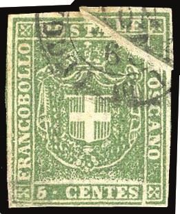 TOSCANA PLI D'ACCORDEON - COLLEZIONE DUCCIO 1860 - 5 cent. verde oliva (18a), grande pli d'accordeon nell'angolo superiore destro