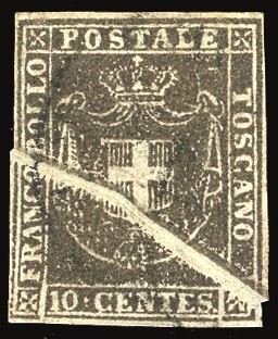 TOSCANA PLI D'ACCORDEON - COLLEZIONE DUCCIO 1860 - 10 cent. bruno scuro (19b), enorme ed evidente pli d'accordeon diagonale